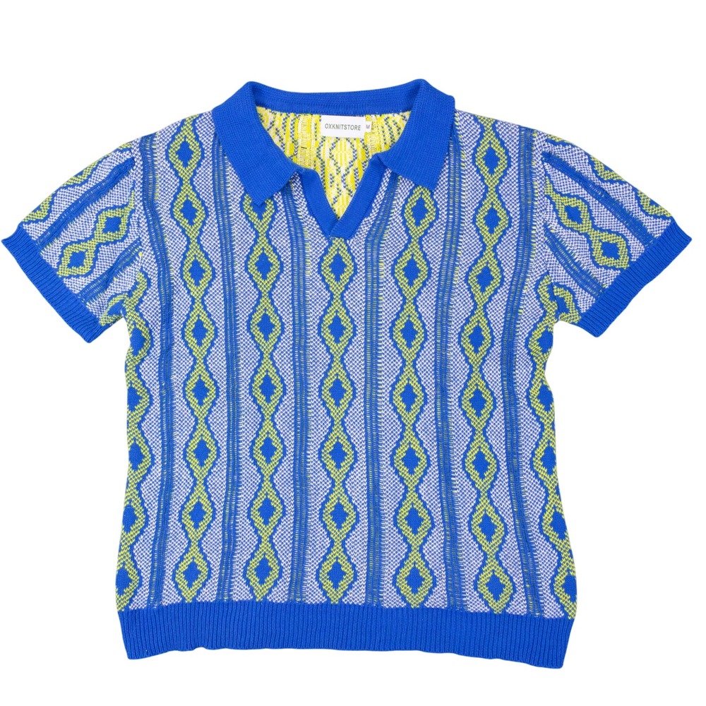 OXKNITSTORE Coogi Style Knit Polo‎ Shirt Mens M Blue Yellow Cotton Open Stitch